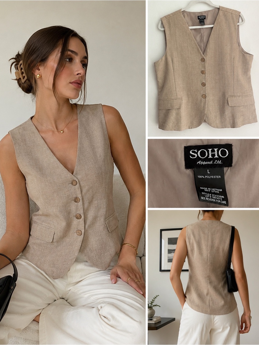 Soho Beige Linen-Look Button Vest